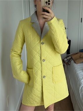 Stefanel Yellow Quilted Longline Puffer with Contrast Collar